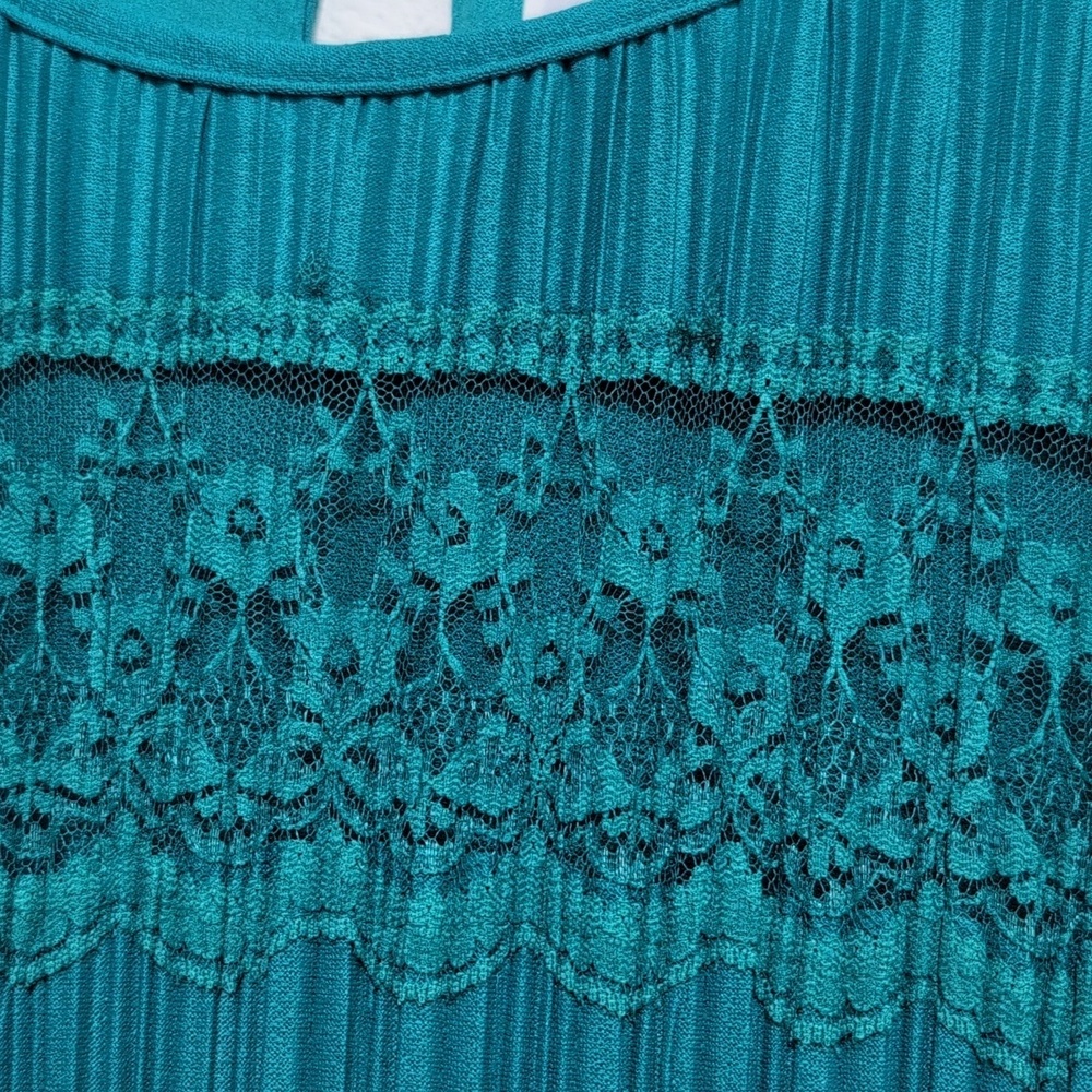 Good Times 80s Vintage Pleated Party Cocktail Dress Teal Size 8P Lace Detail - Picture 5 of 11
